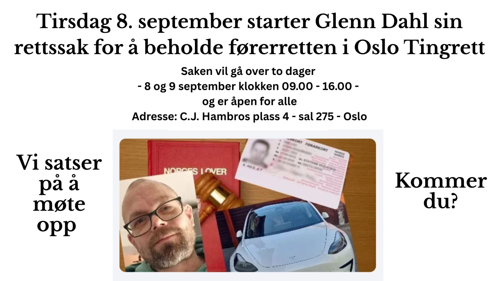 Rettssak om førerrett starter 8 september i Oslo tingrett